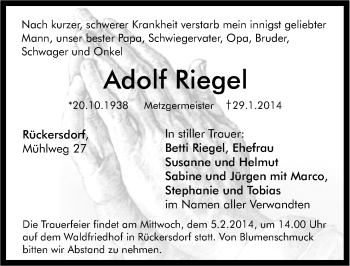 Traueranzeige von Adolf Riegel von Pegnitz-Zeitung